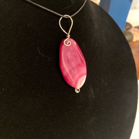 Handmade Leather Necklace/Pendant Accented Sterling Silver & a Large Pink Agate - Picture 2 of 3